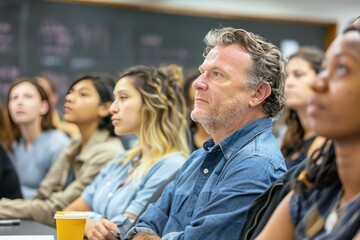 Diverse group of focused adults engaged in a classroom discussion with educational tools evident