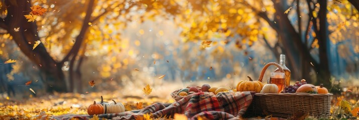 Aufkleber - A basket full of food and drinks sits on a blanket in a forest setting, surrounded by fallen leaves. Golden trees create a backdrop for the picnic scene. Generative AI
