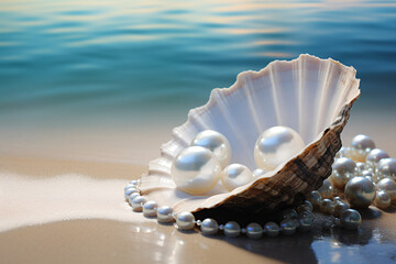 a shell with pearls on the beach