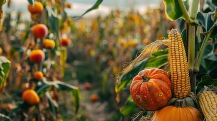 Poster - A close-up view of a bountiful autumn harvest in a field, featuring ripe corn, pumpkins, and apples. Generative AI