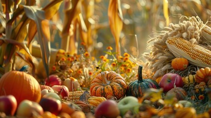Aufkleber - A bountiful autumn harvest with corn, pumpkins, apples, and other fall crops scattered across a rural field. Generative AI