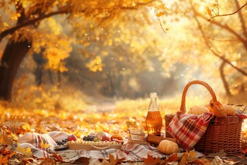 Aufkleber - A picnic blanket laid out on the ground covered in fallen leaves, with a basket of food and drinks nearby, set against a backdrop of golden autumn trees. Generative AI