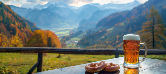 Wall Mural - Beer and Pretzel Against Mountain Backdrop