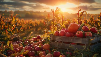 Aufkleber - A wooden crate filled with ripe apples and a large pumpkin sits in a field of corn stalks at sunset. Generative AI