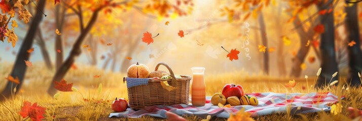 Poster - A picnic basket filled with food and drinks sits on a blanket in a forest setting. Golden leaves fall from trees in the background.