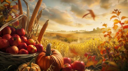 Aufkleber - A basket overflowing with apples sits in a field of golden corn stalks with a large pumpkin and other fall fruits.