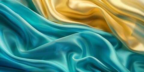 Closeup of rippled cyan and gold silk fabric - AI Generated