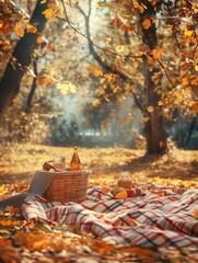 Poster - A picnic basket filled with food and drinks sits on a checkered blanket beneath a canopy of golden autumn leaves.