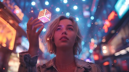 Wall Mural - Woman Holding Glowing Cube in City Night