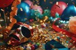 © vefimov - Colorful carnival celebration with confetti, masks and pinata. Traditional decorations and fireworks for a lively event.