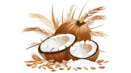   A pair of coconuts resting atop a heap of oats beside an oat bag