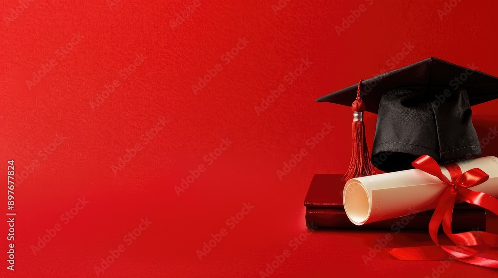 Red Background with Graduation Cap and Diploma Stock Photo | Adobe Stock