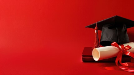 Red Background with Graduation Cap and Diploma