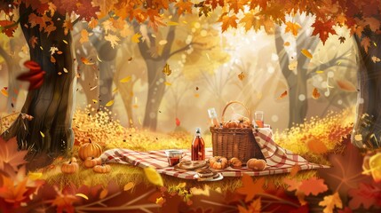 Aufkleber - A picnic blanket with a basket of food and drinks is laid out on the forest floor surrounded by golden leaves.