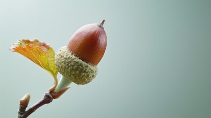 Wall Mural - image of a young acorn sprouting against a pale green backdrop