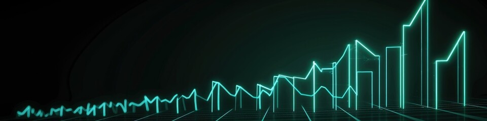 Neon mint green graph against a black backdrop, illustrating successful business growth.