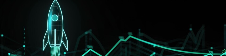 Wall Mural - Neon mint green graph and rocket against a black backdrop, illustrating successful business growth.