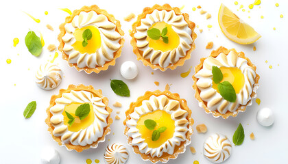 Tartlets with lemon curd and meringue isolated on white, top view. Delicious dessert