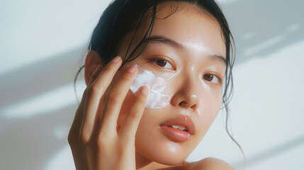 Wall Mural - beautiful asian woman with clear skin, applying face cream on her cheek, high quality editorial beauty photography