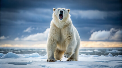 fierce polar bear standing on hind legs, mouth open in a powerful roar, fur fluffed, eyes fixed inte