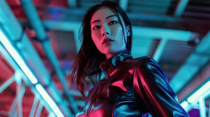 Sticker - Asian girl in cyberpunk style, futuristic setting with neon lights.