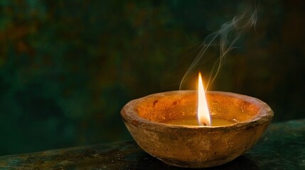 Poster -   A close-up of a candle in a bowl on a table emitting smoke from the top of it