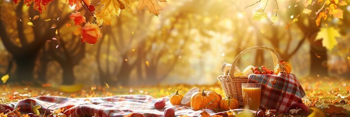 Poster - A picnic basket filled with food and drinks sits on a blanket spread out on the ground under trees with golden leaves.