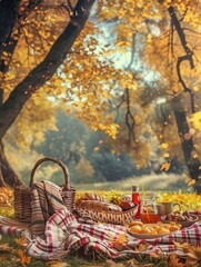 Poster - A picnic blanket spread under a tree with golden leaves, featuring a basket of food and drinks, ready for a meal in the autumn foliage.