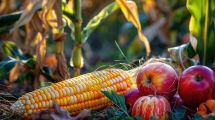 Leinwandbilder - A close-up of a golden corn cob and red apples resting on the ground in a field of corn, surrounded by fallen leaves.