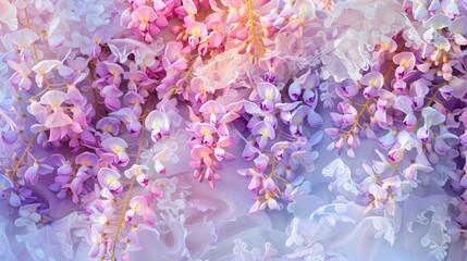 Sticker - Aerial view of lilac wisteria flowers with white lace perfect for special occasions captured in natural light and enhanced with rainbow color filter