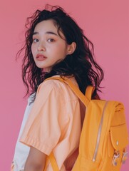 Poster - Young woman carrying a yellow backpack, looking at the camera against pink background.