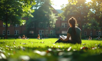 Canvas Print - Woman Sitting on Grass Reading Book