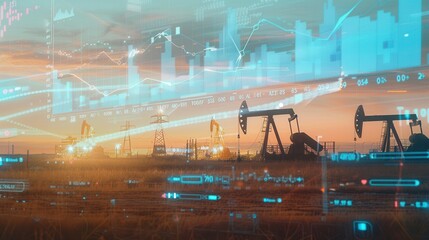 Aufkleber - Oil pumps are silhouetted against a sunset sky, overlaid with a digital screen displaying financial charts and graphs.