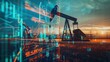 © Анатолий Сав - An oil pump in a field silhouetted against a sunset sky with digital financial graphs overlaid.