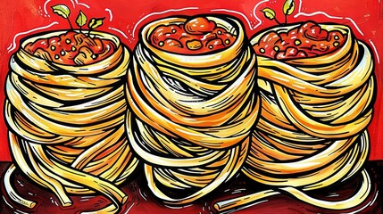 Sticker -   A painting of a stack of pancakes with cherries on top of them on a red background