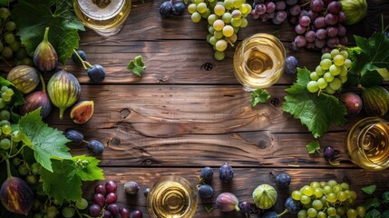 Poster - Grapes figs and hops on wooden table viewed from above