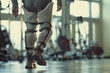 © dakinya - A man walking with advanced leg braces in a modern rehab facility, Close-up of a person using leg braces in a rehabilitation center, showcasing modern technology and physical recovery