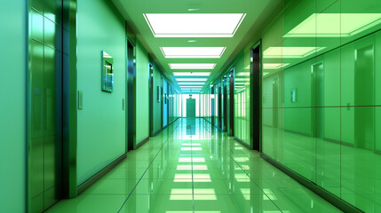 Wall Mural - Elegant corporate corridor in a modern palette of green and blue, with doors leading to offices.
