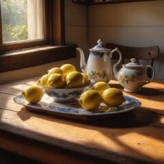 Wall Mural - Cozy rustic kitchen interior with lemon fruits on old wooden table.