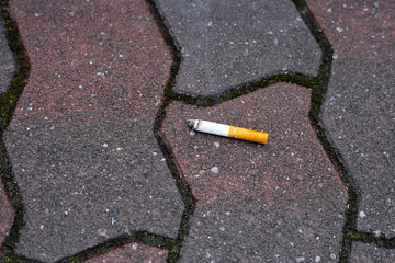 A cigarette butt on the street pavement floor