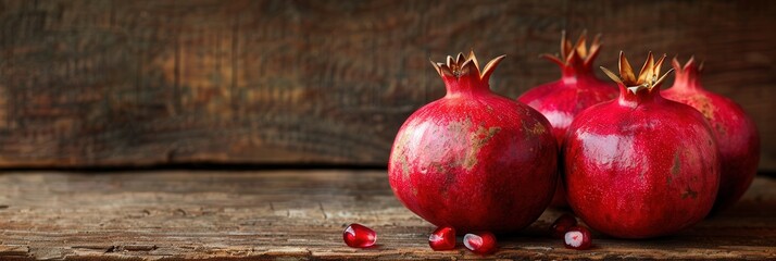 Aufkleber - Three ripe pomegranates with pomegranate seeds sit on a rustic wooden surface.