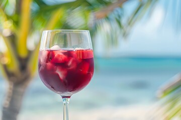 Wall Mural - Cold sangria with red wine on sunny terrace in hotel, bar or restaurant with tropical landscape on background. Traditional Spanish summer cocktail drink. Travel and vacation concept for menu, banner