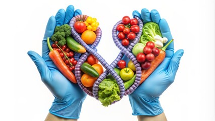 Healthy Intestines Hands in Blue Gloves Holding a Colorful Arrangement of Fruits and Vegetables Forming the Shape of the Intestines, health, digestive, wellness, gut health