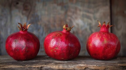 Poster - Three ripe pomegranates with visible seeds are displayed on a rustic wooden surface.