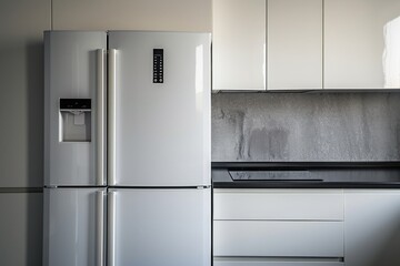 Wall Mural - Modern kitchen interior with white and grey refrigerator.