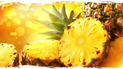 Poster -   Half-cut pineapple sits atop pile on yellow-white background