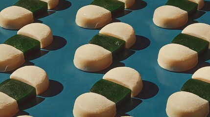 Poster -   Green and white foods arranged on a blue surface