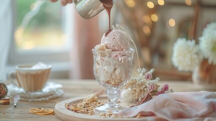 Wall Mural -   A person pouring ice cream into a glass on a table with cookies and coffee