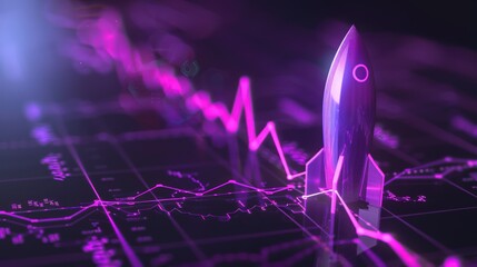 Purple illuminated graph and rocket on a dark backdrop for a business growth theme,