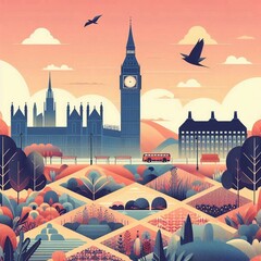 Wall Mural - geometric art style landscapes. AI generated illustration